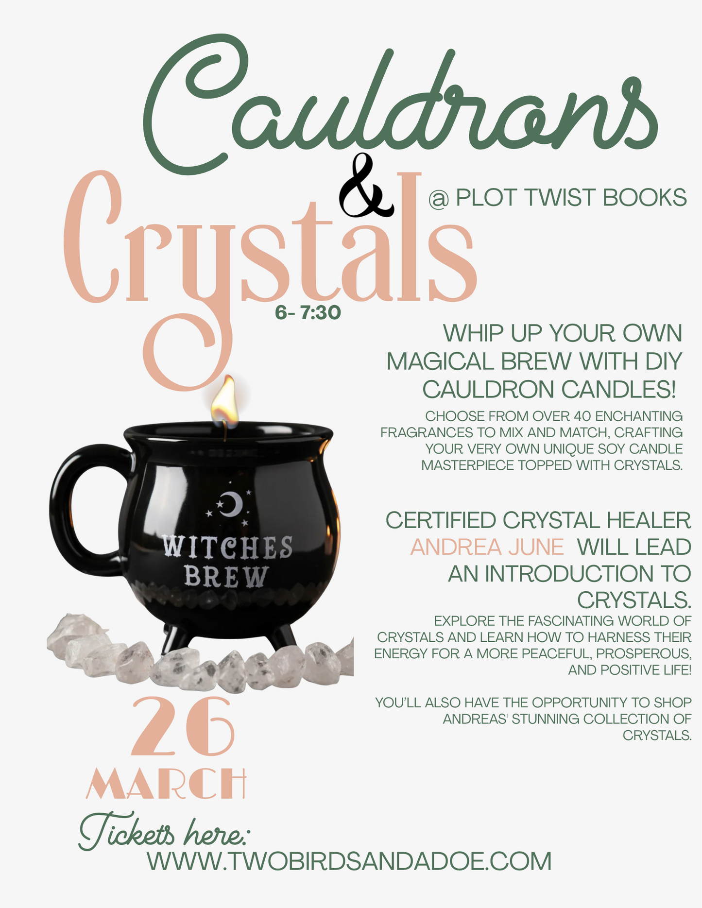 Call cauldrons in crystals, DIY candle making @ Plot Twist Books ￼
